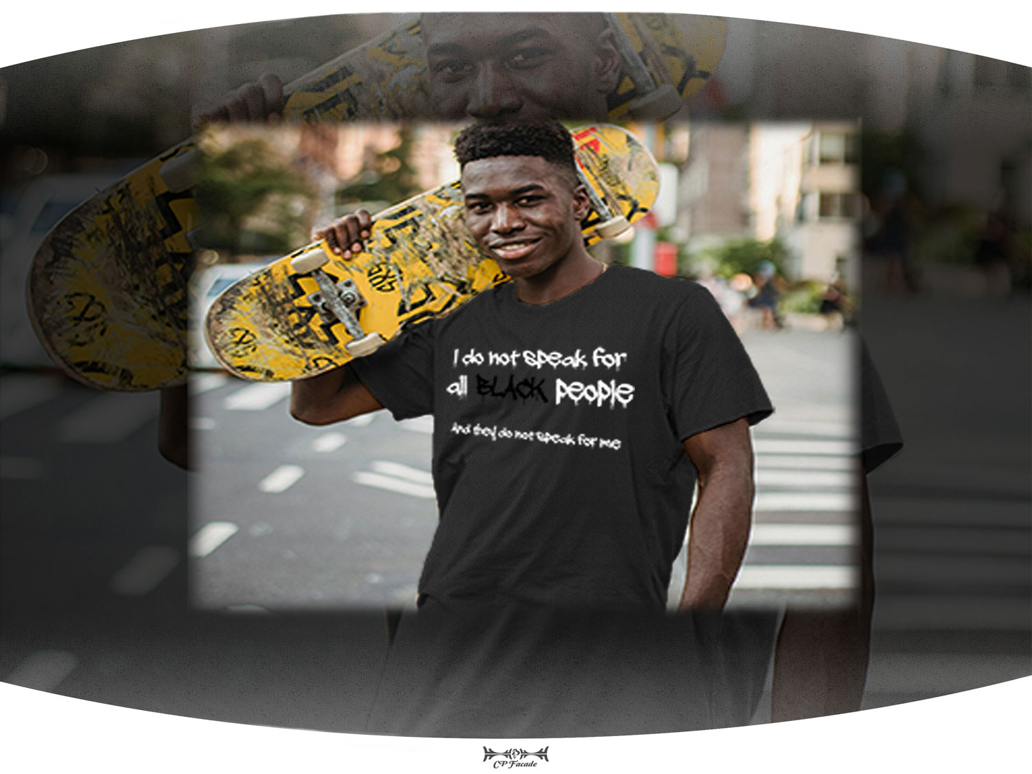 Black man holding yellow skate board wearing dark grey t-shirt with the phrase I do not speak for all black people on the front of it