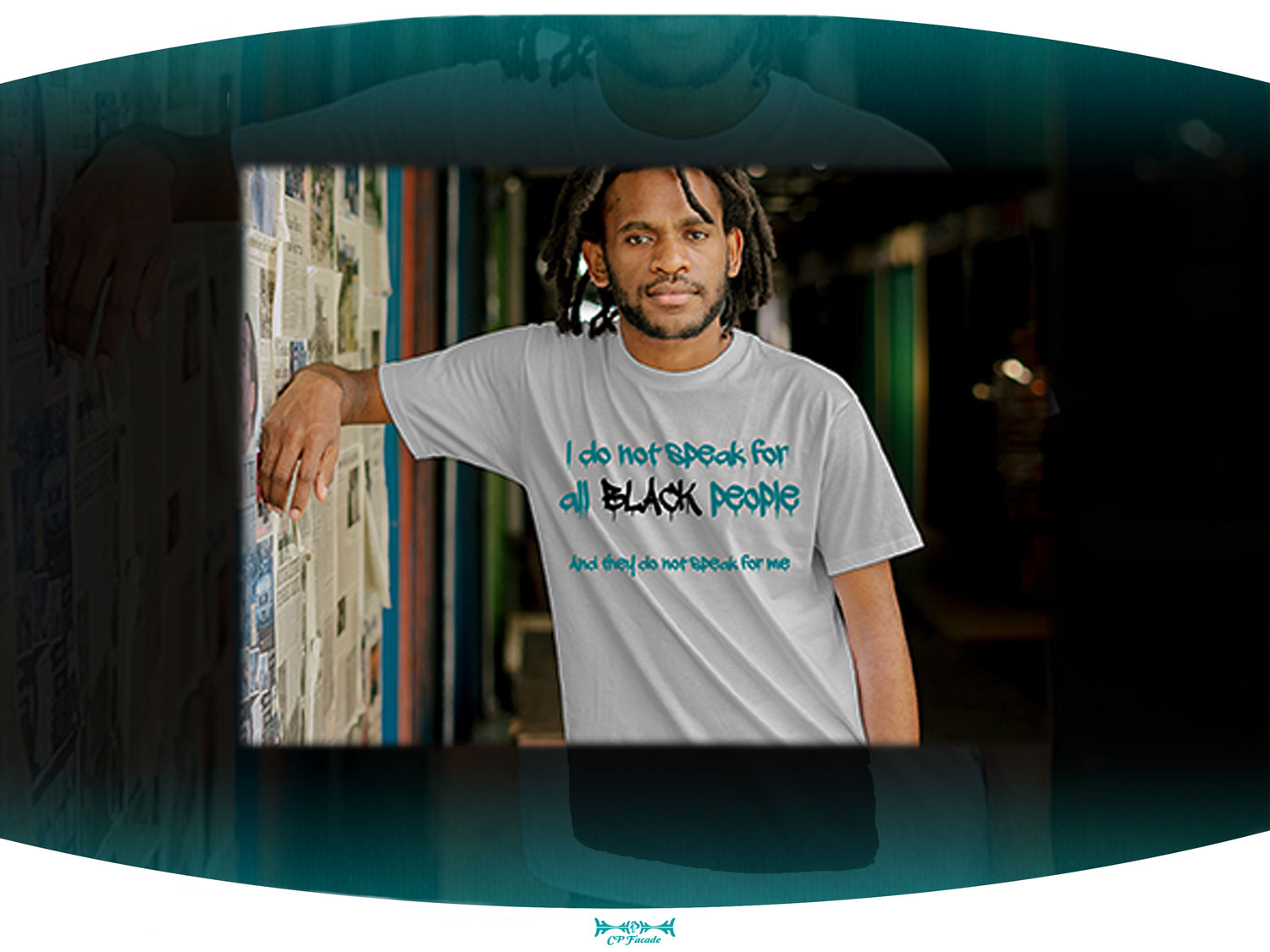 Black man leaning on wall wearing light grey t-shirt with the phrase I do not speak for all black people on the front of it