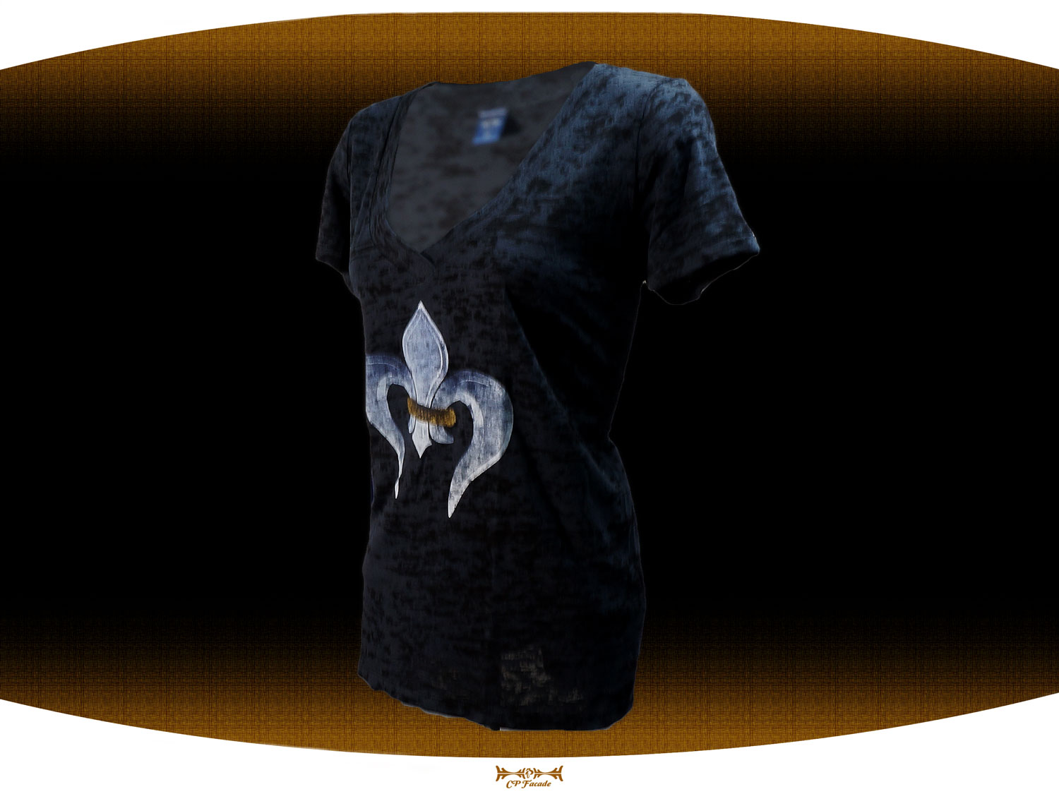 Black burnout screen printed female v-neck with black and gold fleur de lis in the front