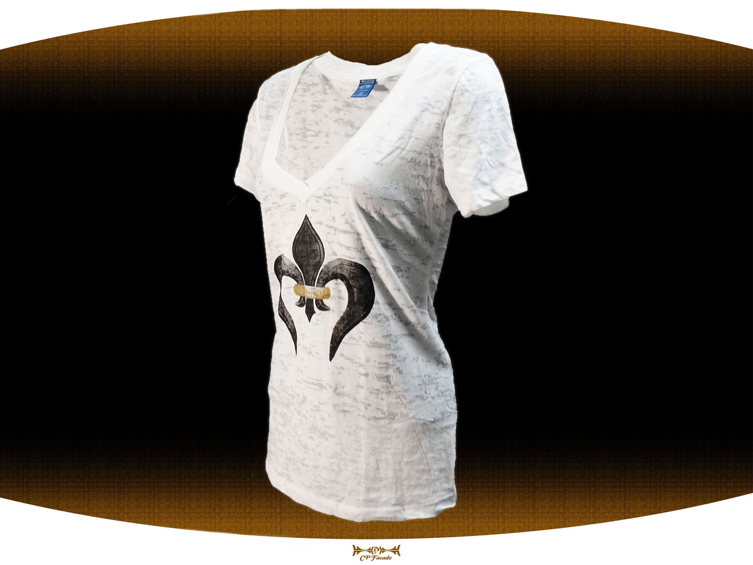 White burnout screen printed female v-neck with black and gold fleur de lis in the front