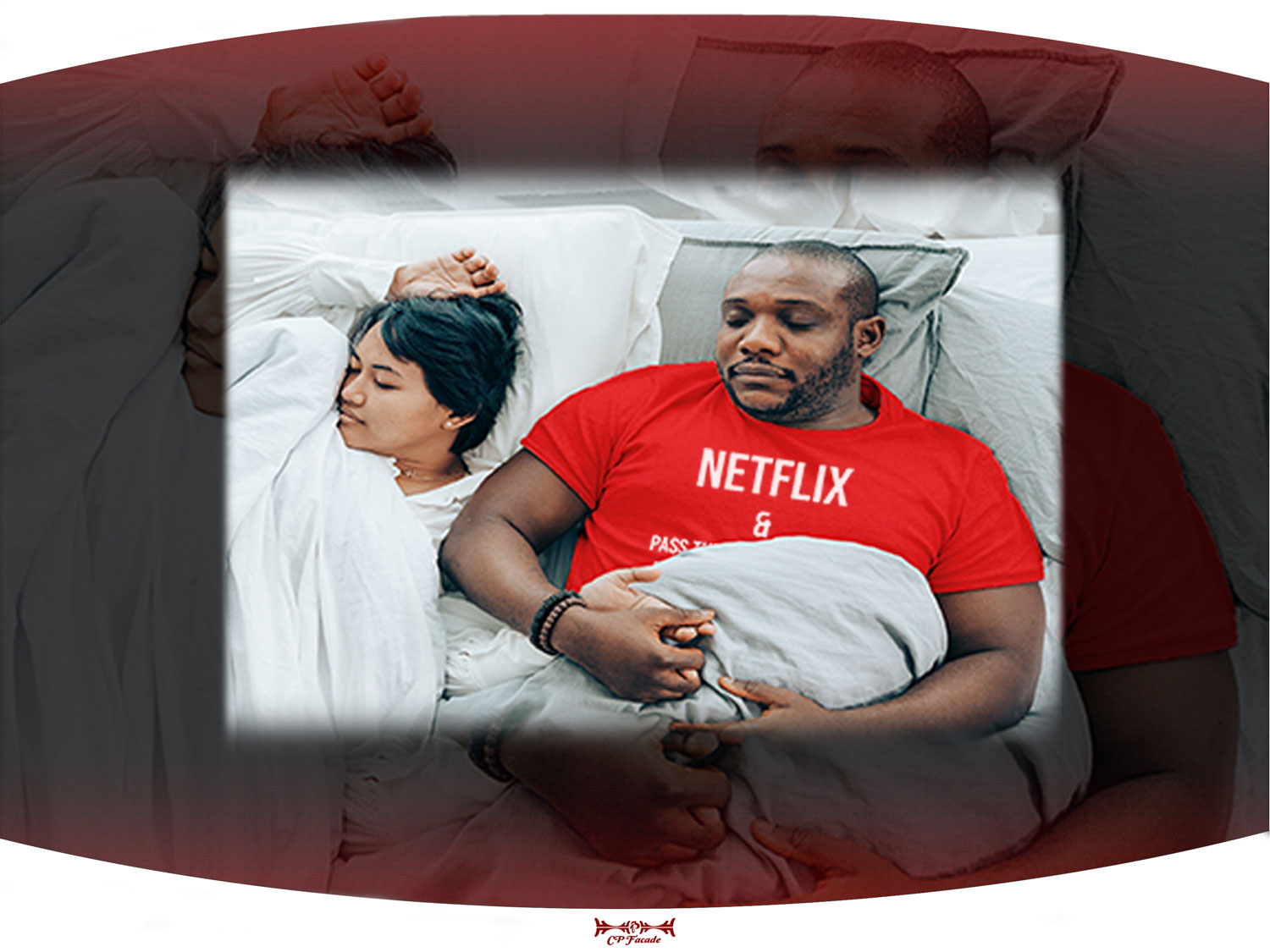 Couple sleeping in bed with the guy wearing red Netflix and chill t-shirt with funny text on the front of it.