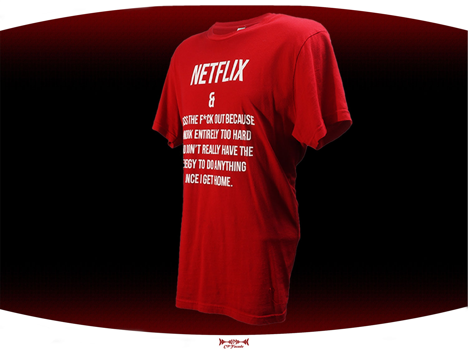 Red screen printed Netflix and chill t-shirt with funny text on the front of it.