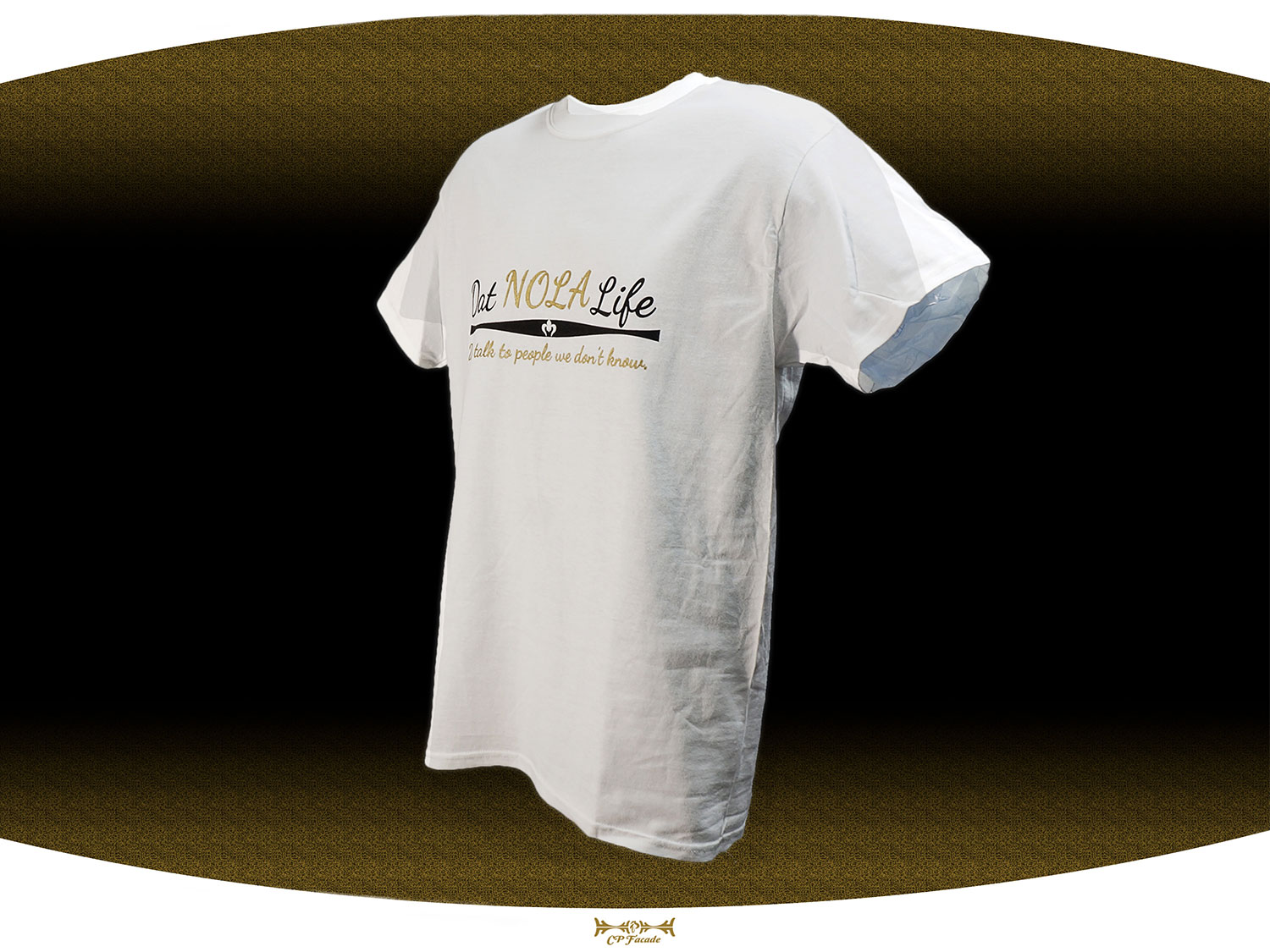 White screenprinted  t-shirt with the black and gold Dat Nola Life text across the chest 