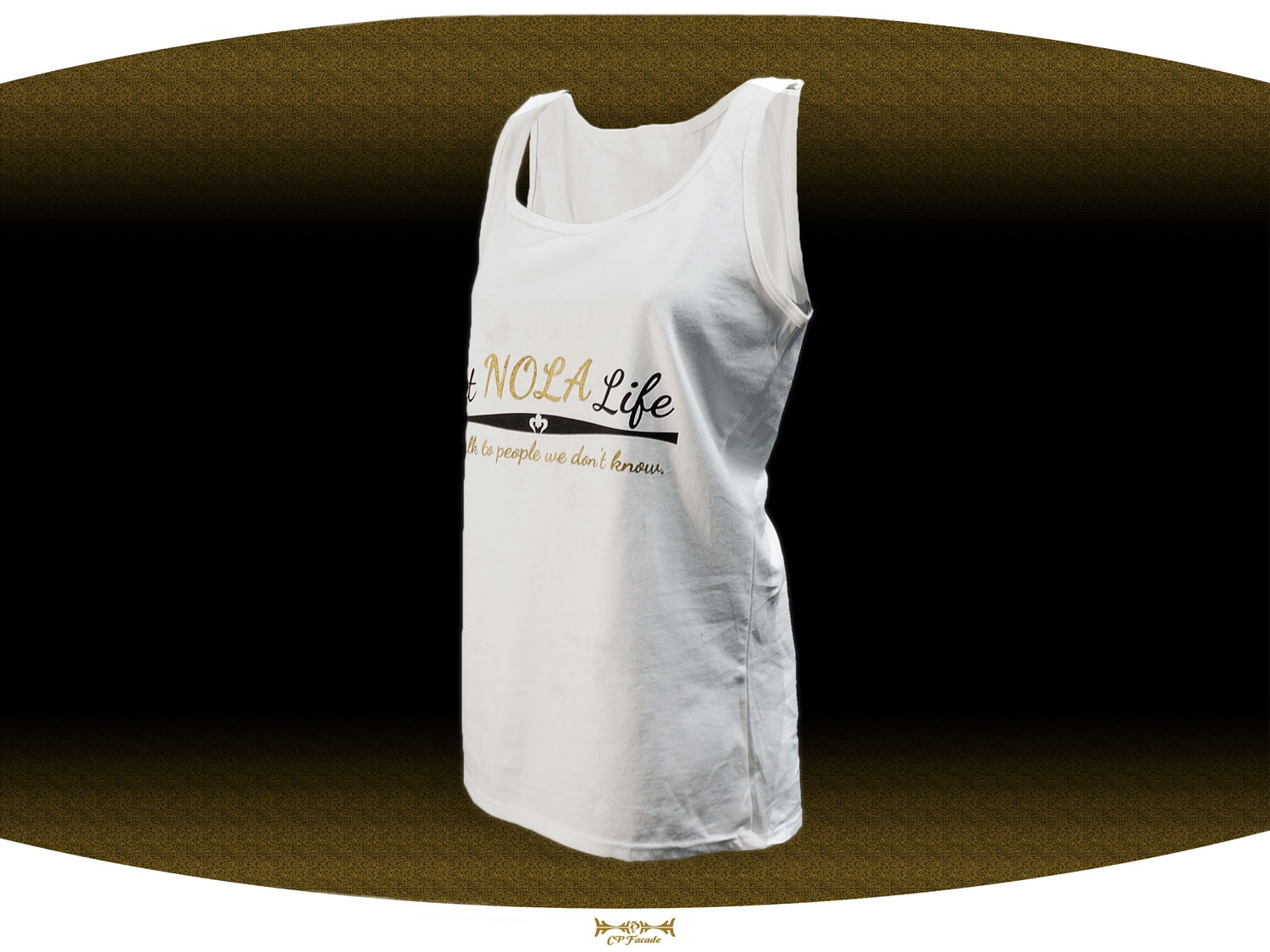 White screenprinted  famale tanktop with the black and gold Dat Nola Life text across the chest 